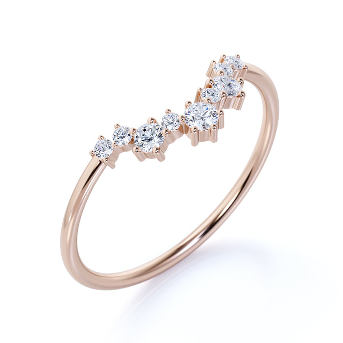 Delicate Prong Set Round Cut Diamonds Chevron Stacking Ring in Rose Gold