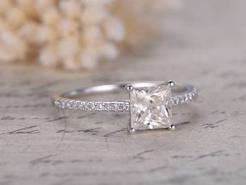 1.25 Carat Princess Cut Moissanite and Diamond solitaire Wedding Ring in White Gold