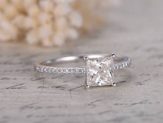 1.25 Carat Princess Cut Moissanite and Diamond solitaire Wedding Ring in White Gold