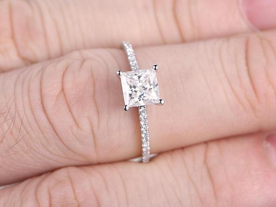 1.25 Carat Princess Cut Moissanite and Diamond solitaire Wedding Ring in White Gold