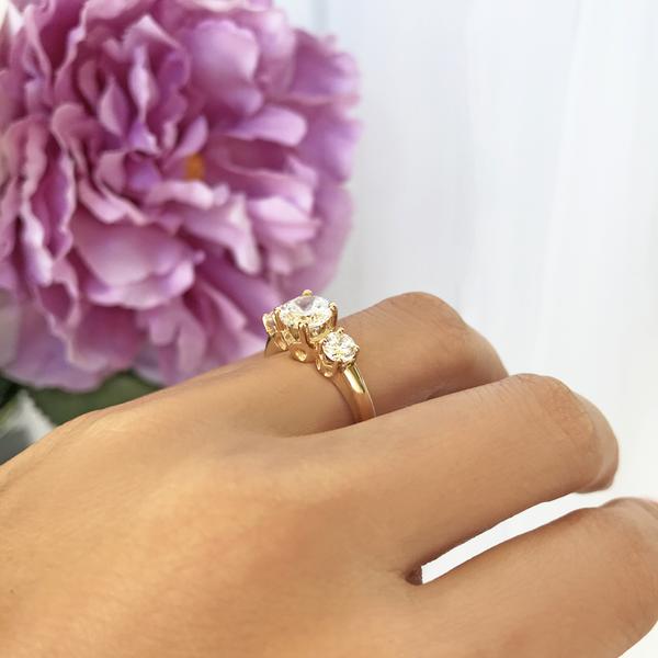 2 Carat Three Round Cut Stones Filigree Engagement Ring in Yellow Gold over Sterling Silver