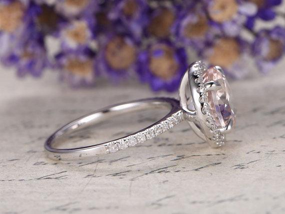 Huge 2.25 Carat Morganite and Diamond Halo Engagement Ring in White Gold