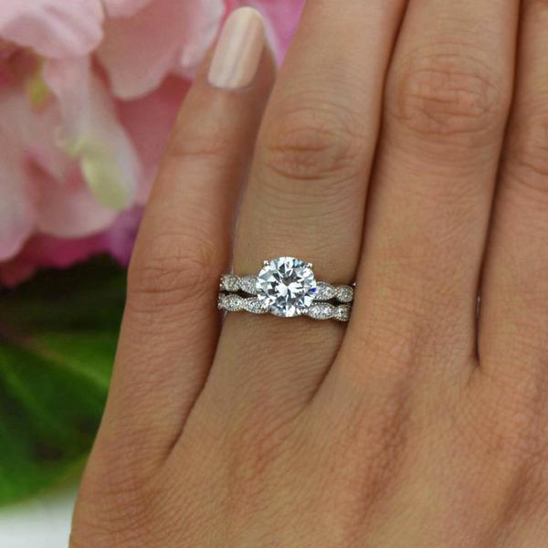 2.5 Carat Round Cut Wide Art Deco Solitaire Bridal Ring Set in White Gold over Sterling Silver