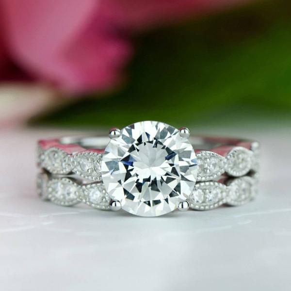 2.5 Carat Round Cut Wide Art Deco Solitaire Bridal Ring Set in White Gold over Sterling Silver