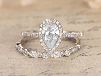 Limited Time Sale 1.50 Carat Pear Cut Moissanite and Diamond Wedding Ring Set in White Gold