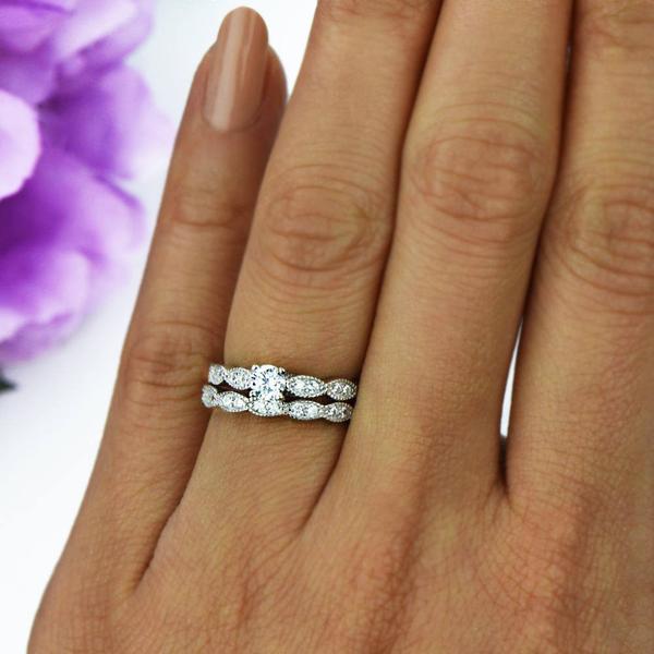 0.5 Carat Round Cut Wide Art Deco Solitaire Engagement Ring and Wedding Band Set in White Gold over Sterling Silver