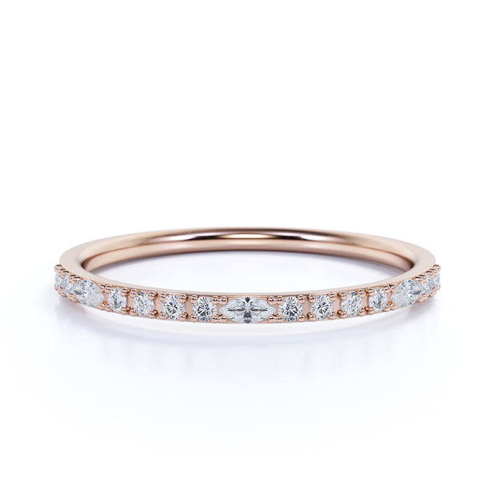 Semi Eternity Stacking Ring with Marquise and Round Shape Diamonds in Rose Gold