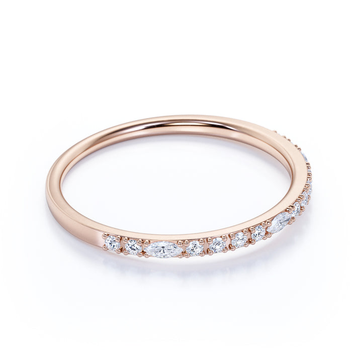 Semi Eternity Stacking Ring with Marquise and Round Shape Diamonds in Rose Gold