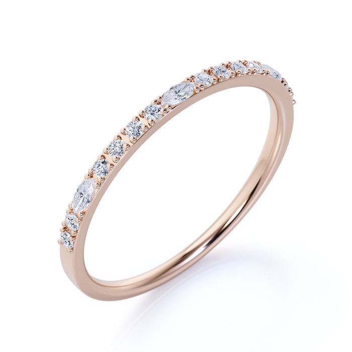 Semi Eternity Stacking Ring with Marquise and Round Shape Diamonds in Rose Gold
