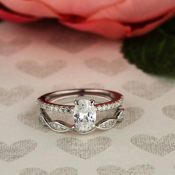 1.5 Carat Oval Cut Swirl Art Deco Wedding Ring Set in White Gold over Sterling Silver