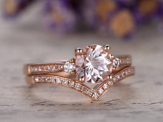 2 Carat Three Stone Trilogy Round Cut Morganite and Diamond Wedding Set in Rose Gold