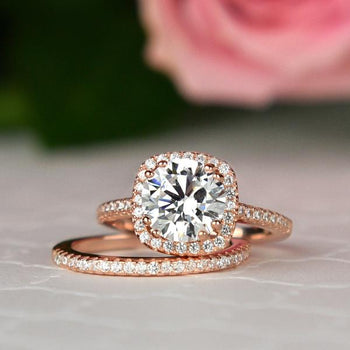 2.25 Carat Round Cut Square Halo Wedding Ring Set in Rose Gold over Sterling Silver
