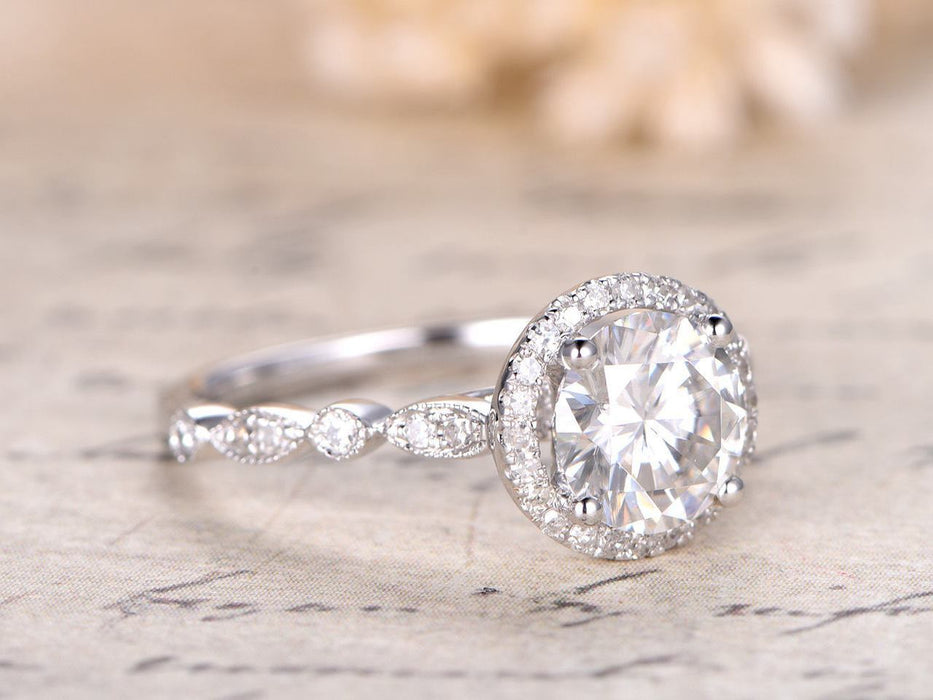 1.50 Carat Round Cut Moissanite and Diamond Halo Engagement Ring in 9k White Gold