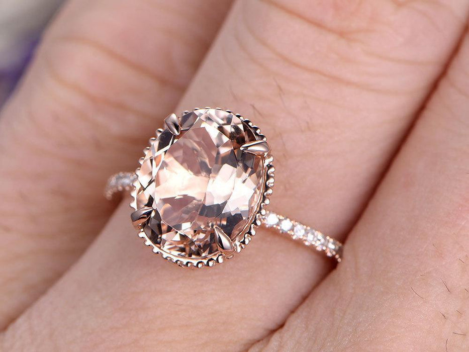 Huge 3 Carat Antique Design Morganite and Diamond Oval Cut Engagement Ring in Rose Gold