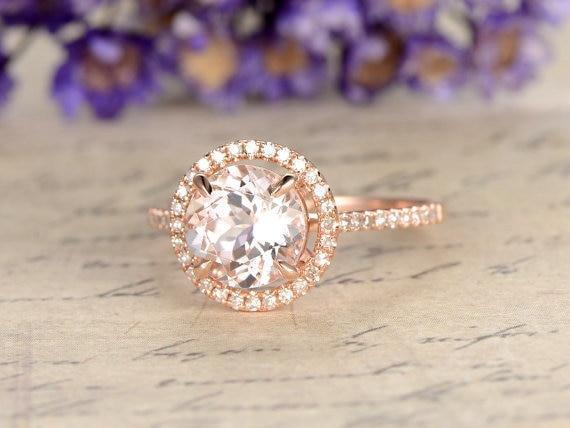 Limited time Sale 1.50 Carat Round Cut Morganite and Diamond Halo Engagement Ring in Rose Gold