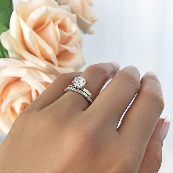 1.5 Carat Round Cut Six Prongs Solitaire Bridal Ring Set in White Gold over Sterling Silver