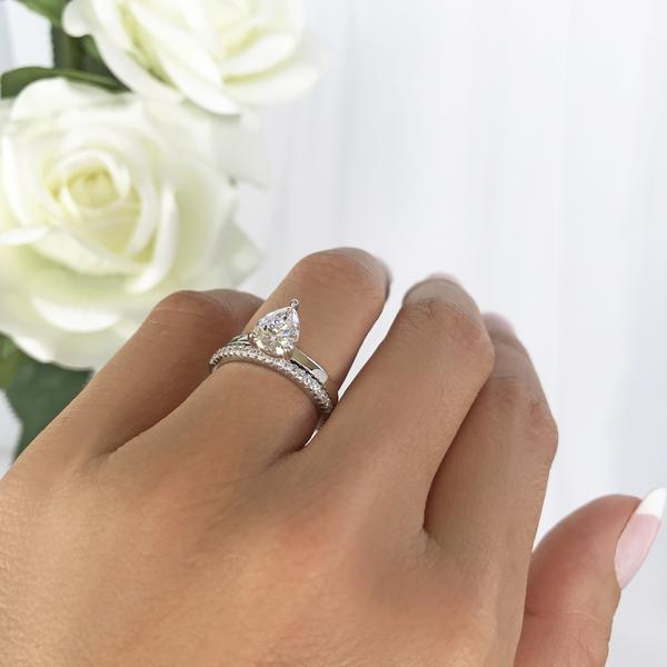1.25 Carat Pear Cut Solitaire Bridal Ring Set in White Gold over Sterling Silver