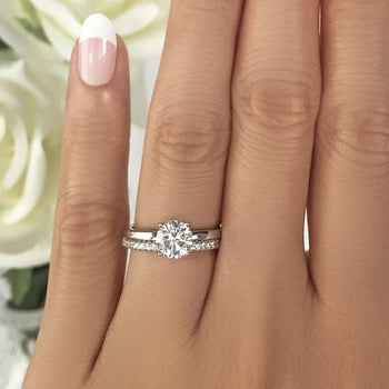 1.25 Carat Round Cut Four Prongs Solitaire Bridal Ring Set in White Gold over Sterling Silver