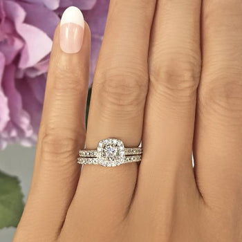 1.25 Carat Round Cut Wide Square Halo Bridal Ring Set in White Gold over Sterling Silver