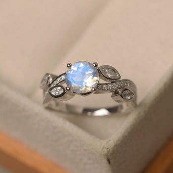 Leaf Design 1.50 Carat Round Cut Blue Moonstone and Diamond Channel Engagement Ring in White Gold