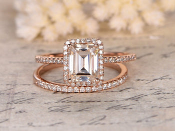 1.50 Carat Emerald Cut Moissanite and Diamond Halo Wedding Ring Set in Rose Gold