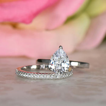 2.25 Carat Pear Cut Solitaire Bridal Ring Set in White Gold over Sterling Silver