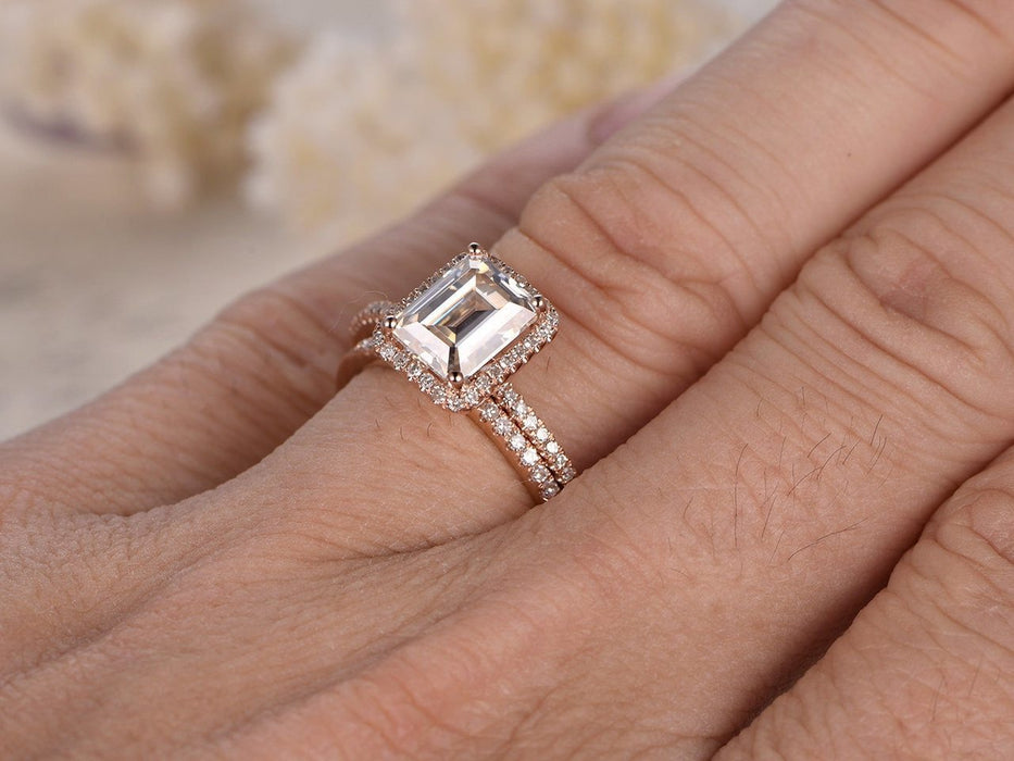 1.50 Carat Emerald Cut Moissanite and Diamond Halo Wedding Ring Set in Rose Gold