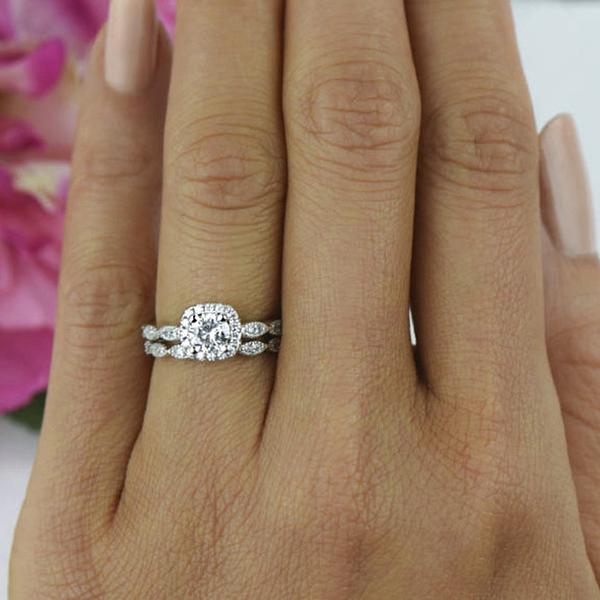 Art Deco 1.25 Carat Round Cut Halo Bridal Ring Set in White Gold over Sterling Silver