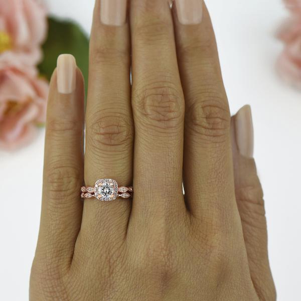 Art Deco 1.25 Carat Round Cut Halo Bridal Ring Set in Rose Gold over Sterling Silver