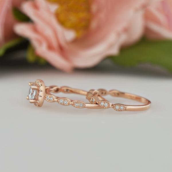 Art Deco 1.25 Carat Round Cut Halo Bridal Ring Set in Rose Gold over Sterling Silver