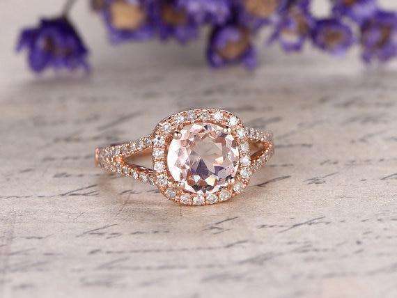 Limited Time Sale 1.50 Carat Round Cut Split Shank Morganite and Diamond Halo Engagement Ring in Rose Gold