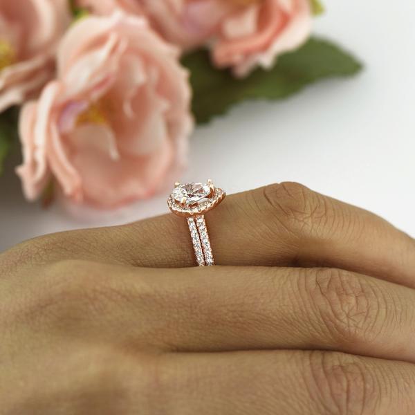 2 Carat Pear Cut Art Deco Halo Bridal Ring Set in Rose Gold over Sterling Silver