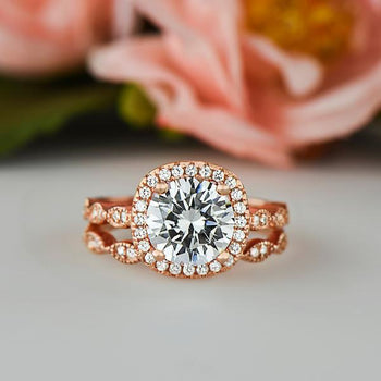 2.25 Carat Round Cut Art Deco Halo Bridal Ring Set in Rose Gold over Sterling Silver