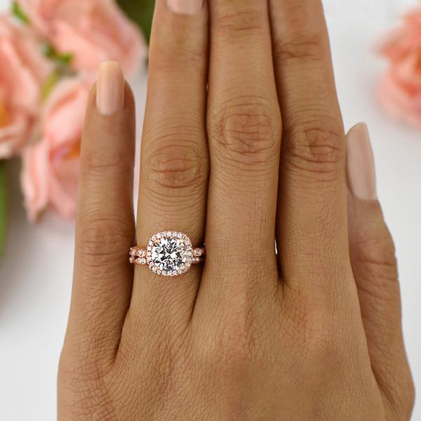 2.25 Carat Round Cut Art Deco Halo Bridal Ring Set in Rose Gold over Sterling Silver