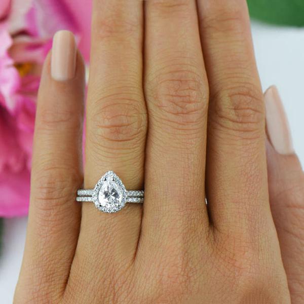 2 Carat Pear Cut Art Deco Halo Bridal Ring Set in White Gold over Sterling Silver