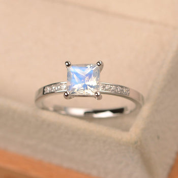 Channel Setting 1.25 Carat Princess Cut Blue Moonstone and Diamond Engagement Ring in White Gold