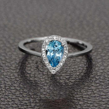 Perfect 1.25 Carat Pear Cut Aquamarine and Diamond Halo Engagement Ring in White Gold