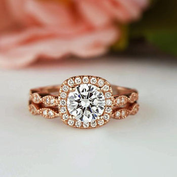 1.25 Carat Round Cut Art Deco Halo Bridal Ring Set in Rose Gold over Sterling Silver