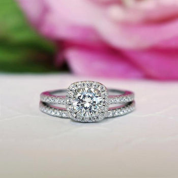 1.25 Carat Round Cut Square Halo Bridal Ring Set in White Gold over Sterling Silver