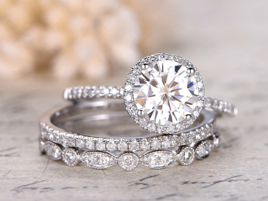 2 Carat Round Cut Antique Moissanite and Diamond Trio Ring Set in White Gold