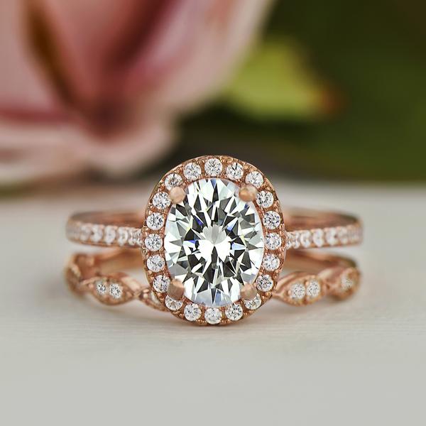 Art Deco 2 Carat Oval Cut Halo Bridal Ring Set in Rose Gold over Sterling Silver