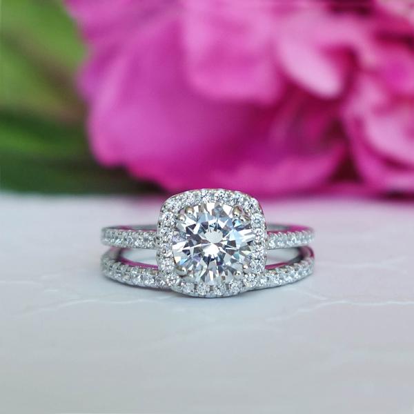 2 Carat Round Cut Square Halo Bridal Ring Set in White Gold over Sterling Silver