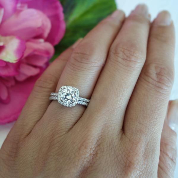 2 Carat Round Cut Square Halo Bridal Ring Set in White Gold over Sterling Silver