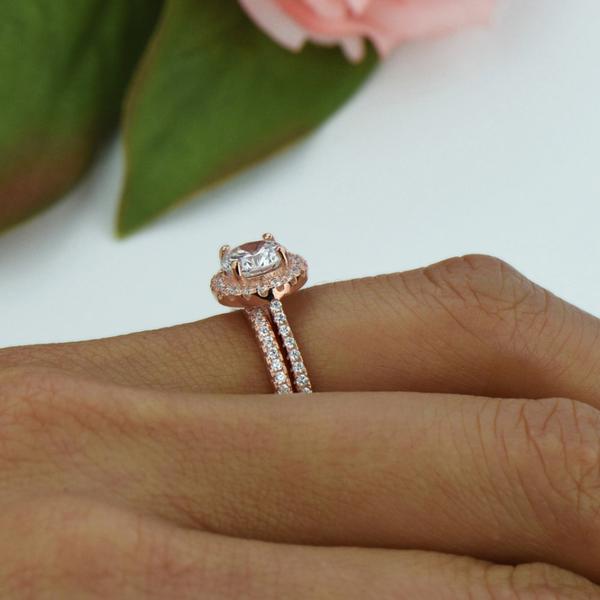 2 Carat Round Cut Halo Bridal Ring Set in Rose Gold over Sterling Silver