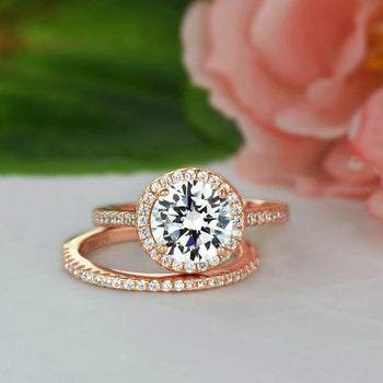 2.25 Carat Round Cut Classic Halo Bridal Ring Set in Rose Gold over Sterling Silver