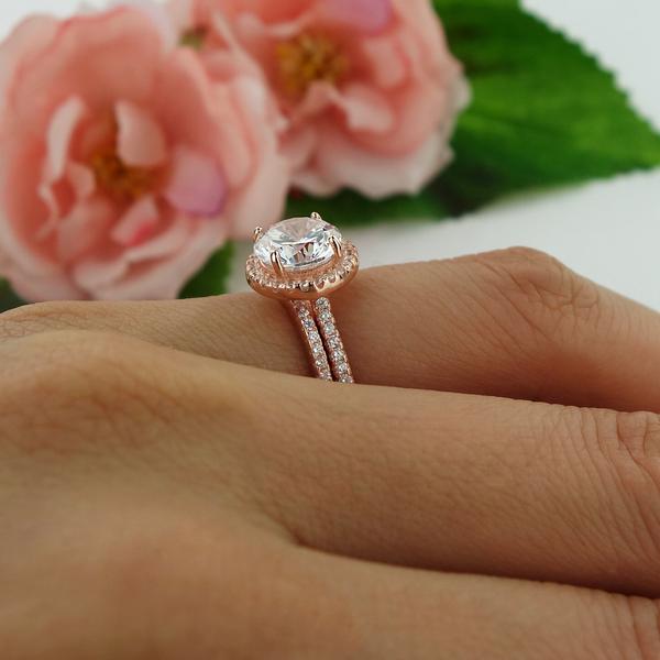 2.25 Carat Round Cut Classic Halo Bridal Ring Set in Rose Gold over Sterling Silver