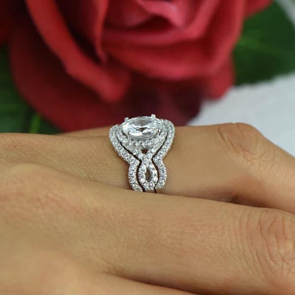 2.5 Carat Oval Cut Twisted Halo Three Band Ring Set in White Gold over Sterling Silver