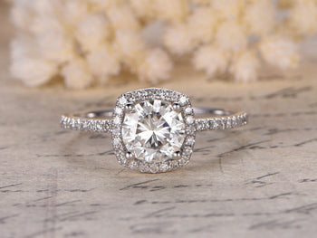 Antique 1.50 Carat Round Cut Moissanite and Diamond Halo Engagement Ring in White Gold