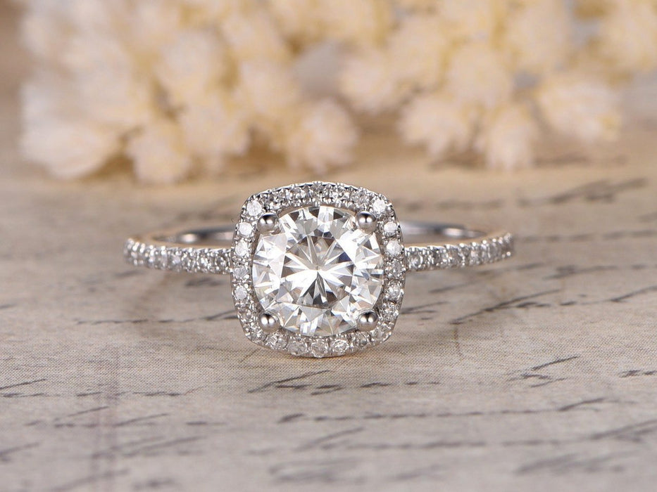 1.25 Carat Round Cut Moissanite and Diamond Engagement Ring in White Gold