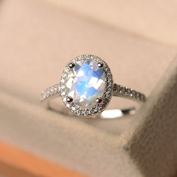 Classic 1.50 Carat Oval Cut Blue Moonstone and Pave Diamond Halo Engagement Ring in White Gold